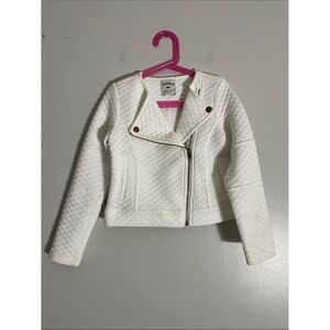 Lee Cooper Girls White Quilted Moto Jacket Size 10 Asymmetrical Zip Biker Style